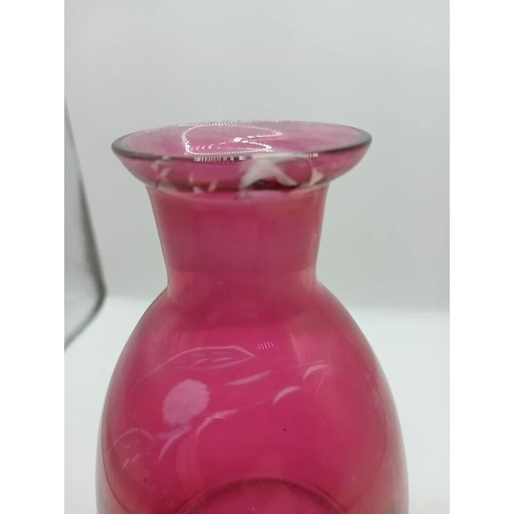 MCM Vintage Etched Cranberry Glass DECANTER With 5 Cordial Shot Glasses Red